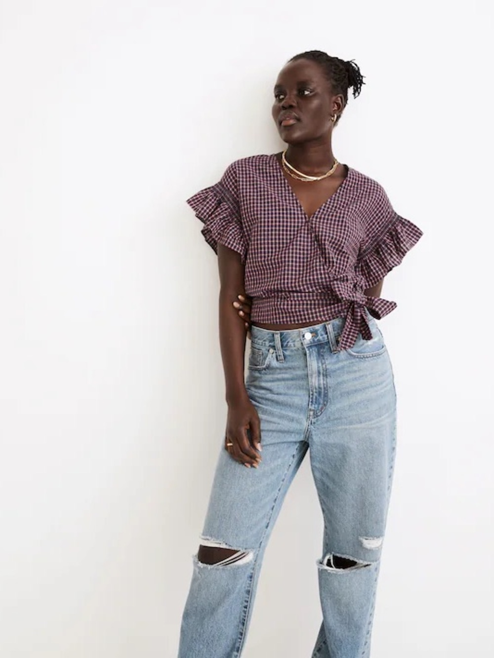 Madewell Purple Gingham Wrap Blouse with Ruffle Sleeves
